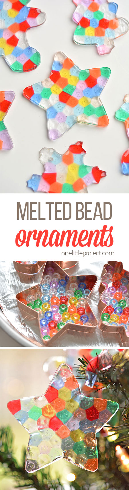 These melted bead ornaments are SO BEAUTIFUL! And they're so easy to make with pony beads! You can hang them on the Christmas tree, or use suction cup hooks on the window to turn them into sun catchers.