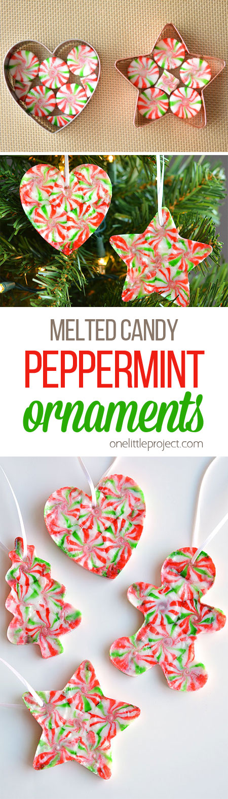 These melted peppermint candy ornaments are ADORABLE and they're super easy to make! Such a fun and inexpensive homemade Christmas ornament idea to make with the kids!