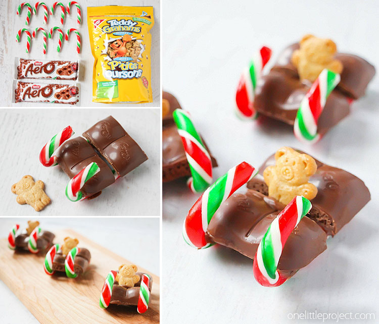 These candy cane teddy graham sleds are such an ADORABLE and simple Christmas treat idea!! They'd be perfect for a Christmas party or lunch box treat! So easy!