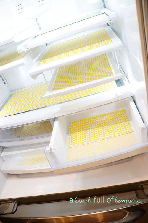25 Hacks to Organize your Fridge - Use fridge liners to help keep things clean. When they get dirty, just peel them off