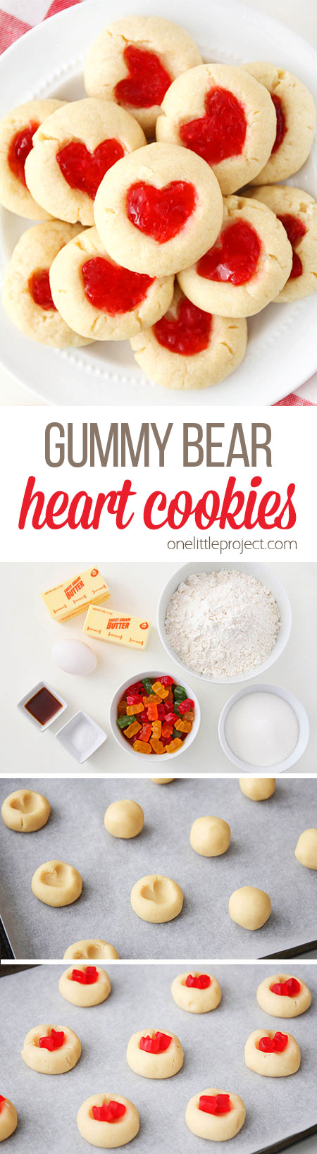 These gummy bear heart cookies are SO DELICIOUS! They're rich and buttery with a soft and sweet center and a simple shortbread base. Such an adorable cookie for Valentine's Day!
