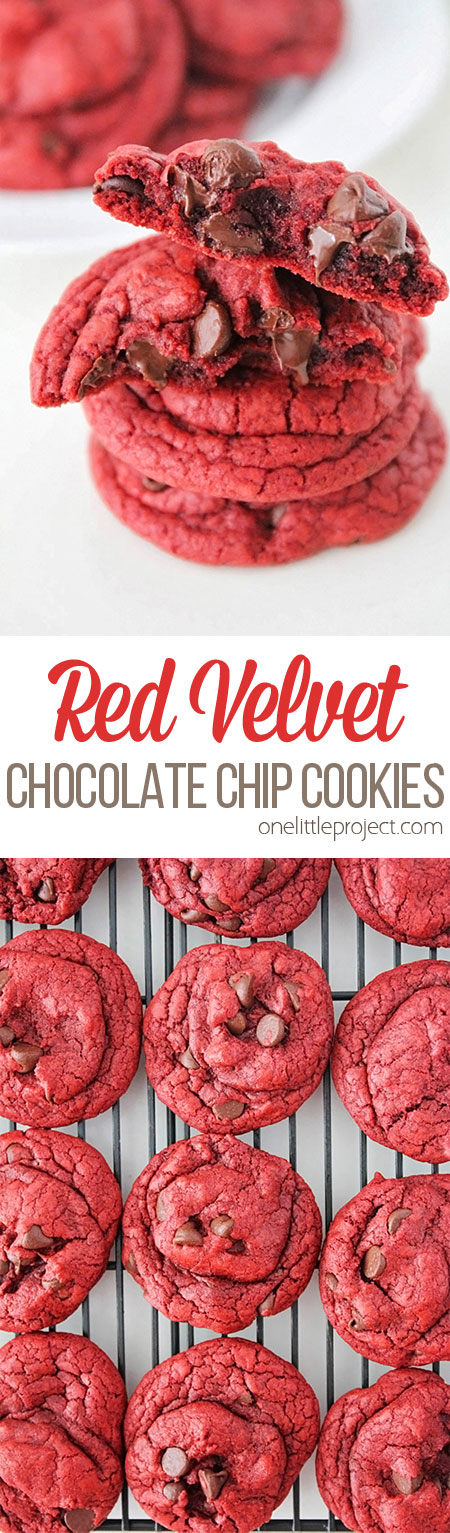 These red velvet chocolate chip cookies are SO GOOD! They're decadent, simple and end up looking gorgeous! They're the perfect treat for any chocolate lover!