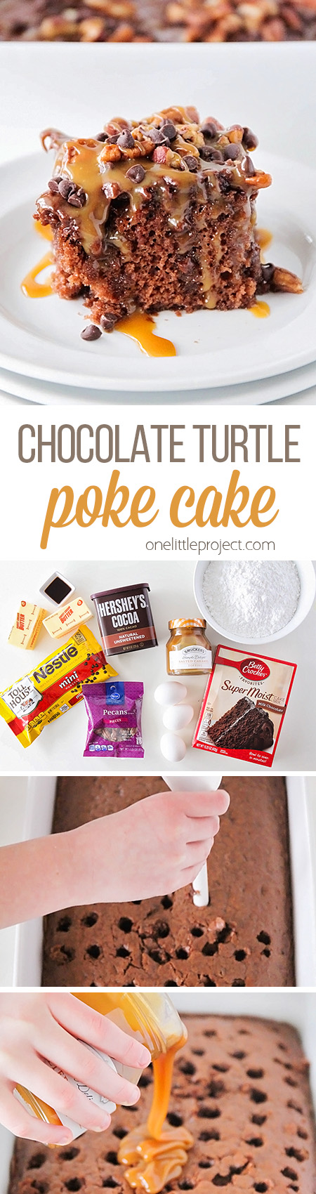 This chocolate turtle poke cake is AMAZING! Delicious and ooey-gooey just loaded with caramel, pecans, and chocolate chips. So yummy and so easy to make!