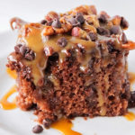 This amazingly delicious ooey-gooey chocolate turtle poke cake is loaded with caramel, pecans, and chocolate chips. So yummy and so easy to make!