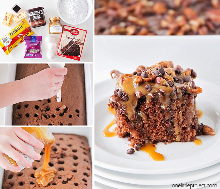 This amazingly delicious ooey-gooey chocolate turtle poke cake is loaded with caramel, pecans, and chocolate chips. So yummy and so easy to make!