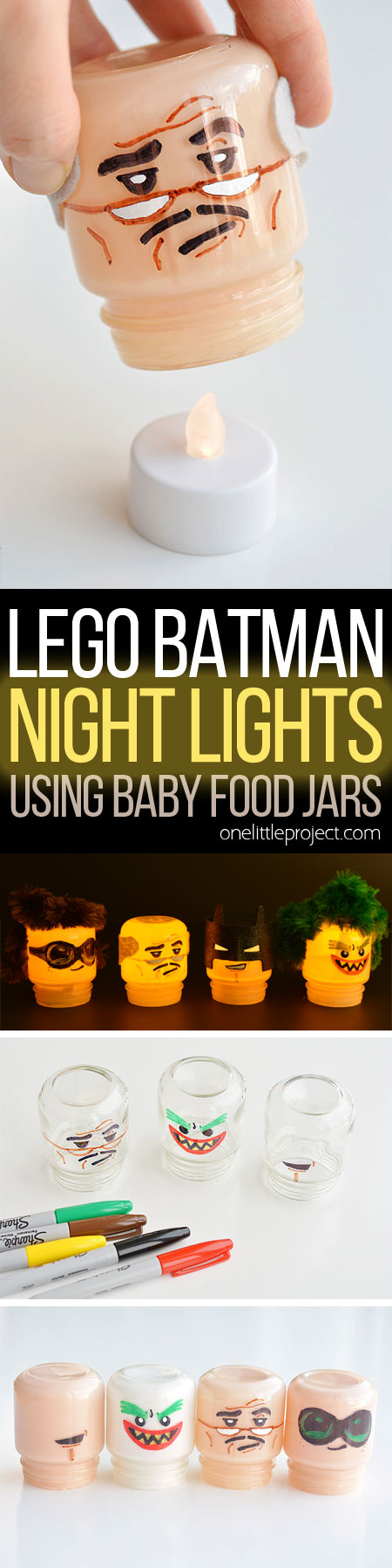 Baby food jars are the exact same shape as LEGO heads!!! Just draw on the faces and paint the jars! These Lego Batman night lights are SO CUTE! What a fun little project! #sponsored