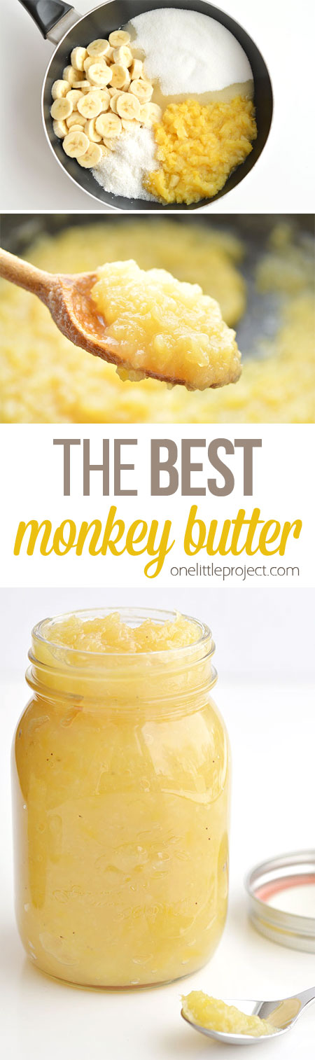This monkey butter is SO GOOD!! I was eating it by the spoonful. It tastes amazing on ice cream, or you can serve it with pancakes, waffles or even spread it on toast or english muffins. Yum!