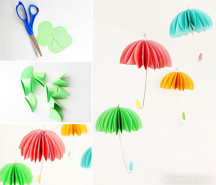 These paper umbrellas are so SIMPLE to make and they look adorable! Hang them in a window, on a baby mobile, or even on a wreath! Such a fun spring craft idea!