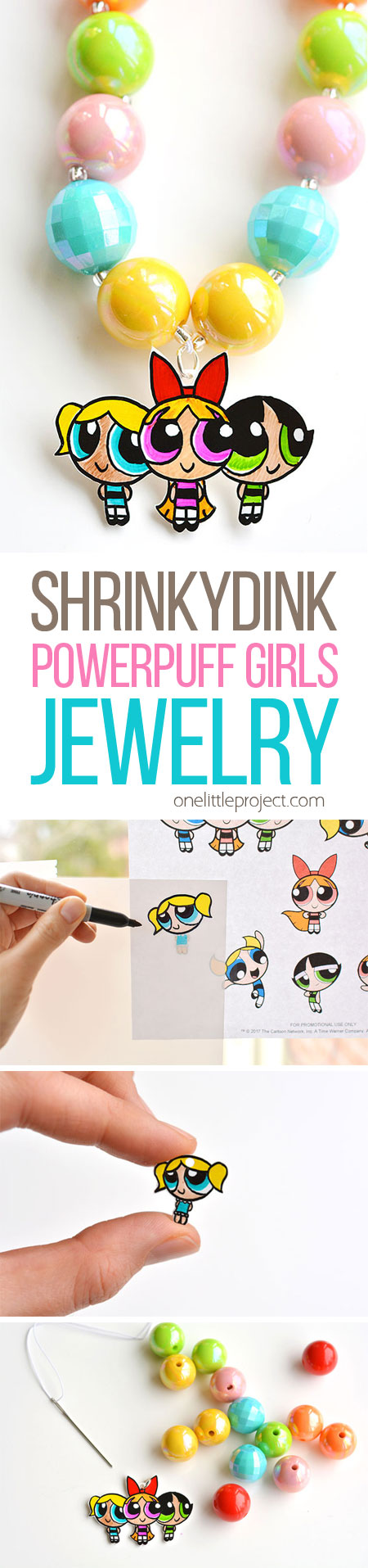 This Shrinky Dinks Powerpuff Girls jewelry is SO EASY to make and it looks completely adorable! Such a simple and awesome craft to do with the kids! #sponsored