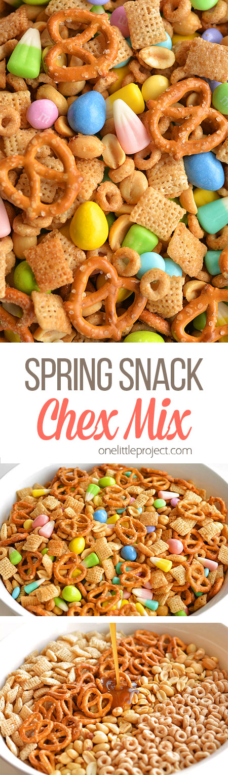 This spring snack Chex mix is the PERFECT combination of sweet and salty. It tastes soooooooo good!! And the colours are so beautiful for spring and Easter!
