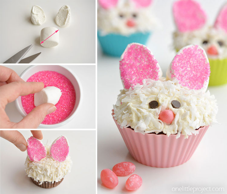 These Easter bunny cupcakes are SO ADORABLE! And they are so simple to make! Those marshmallow ears are just brilliant, and I love the coconut fur! Such a fun idea for an Easter treat, or even a spring birthday party!