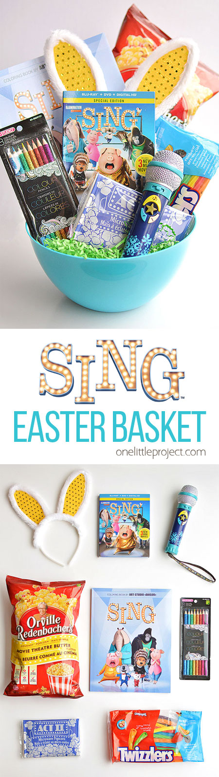 Make your own SING themed movie night Easter basket! With popcorn and all your favourite movie treats. The Blu-ray is in stores now! I love the bunny ears behind it. So cute! #sponsored