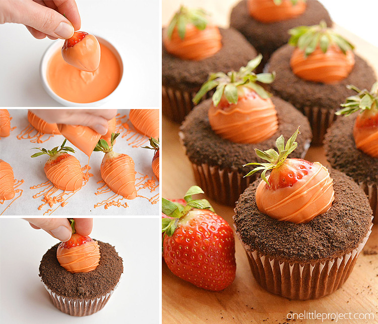 These easy carrot patch cupcakes with strawberry carrots are so cute and so simple to make! They are fantastic for an Easter dessert, or even a spring birthday party! They're fun to make and the kids love them! Such a great Easter treat!