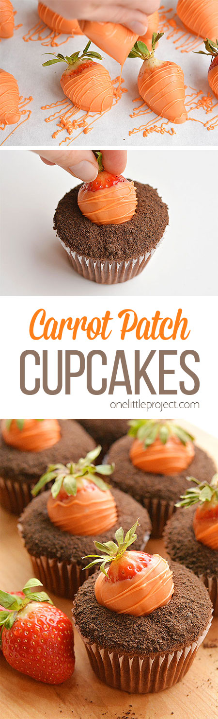 These easy carrot patch cupcakes with strawberry carrots are so cute and so simple to make! They are fantastic for an Easter dessert, or even a spring birthday party! They're fun to make and the kids love them! Such a great Easter treat!
