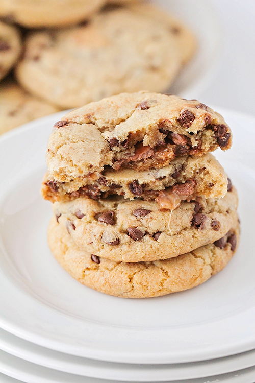 These caramel stuffed chocolate chip cookies are the perfect indulgent treat! They're so easy to make, and loaded with gooey caramel!