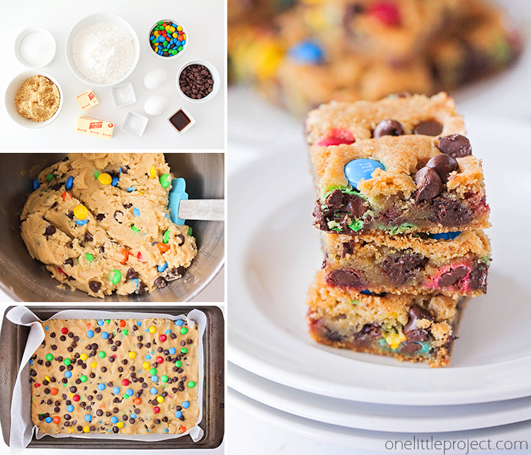 These M&M's cookie bars are crisp on the outside, and warm and gooey in the middle. They're loaded with chocolate chips and M&M candies, and so delicious!