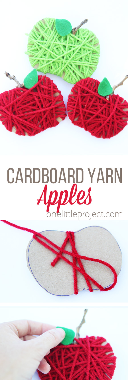 Make some yarn wrapped cardboard apples for a SUPER EASY fall kids craft!