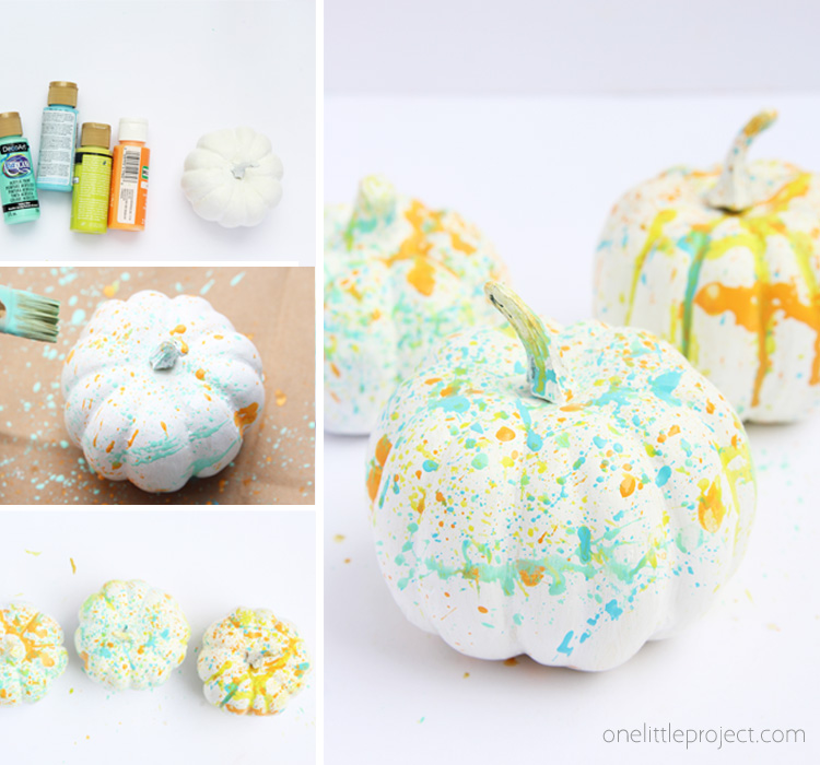 These paint splattered pumpkins are SO colorful and modern twist for fall! This is a great fall kids craft!