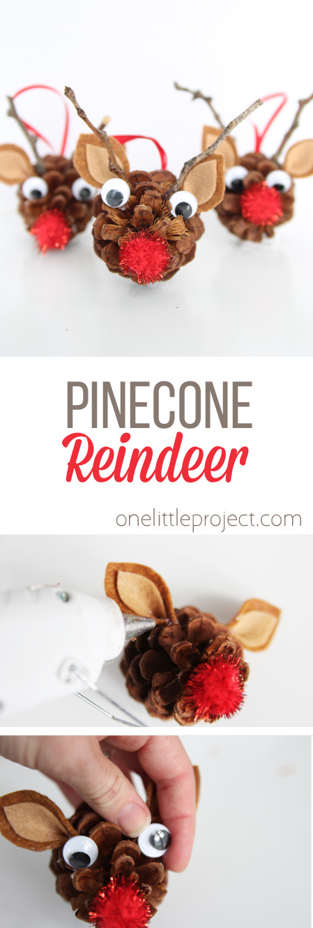 These pinecone reindeer are the most adorable kids Christmas craft! Make these DIY pinecone ornaments this year to adorn your tree!