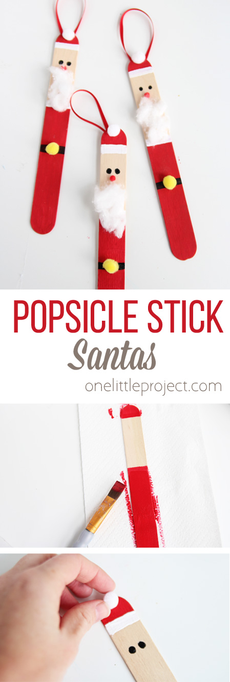 Create a DIY santa ornament out of popsicle sticks. These are SO CUTE and super easy to make!