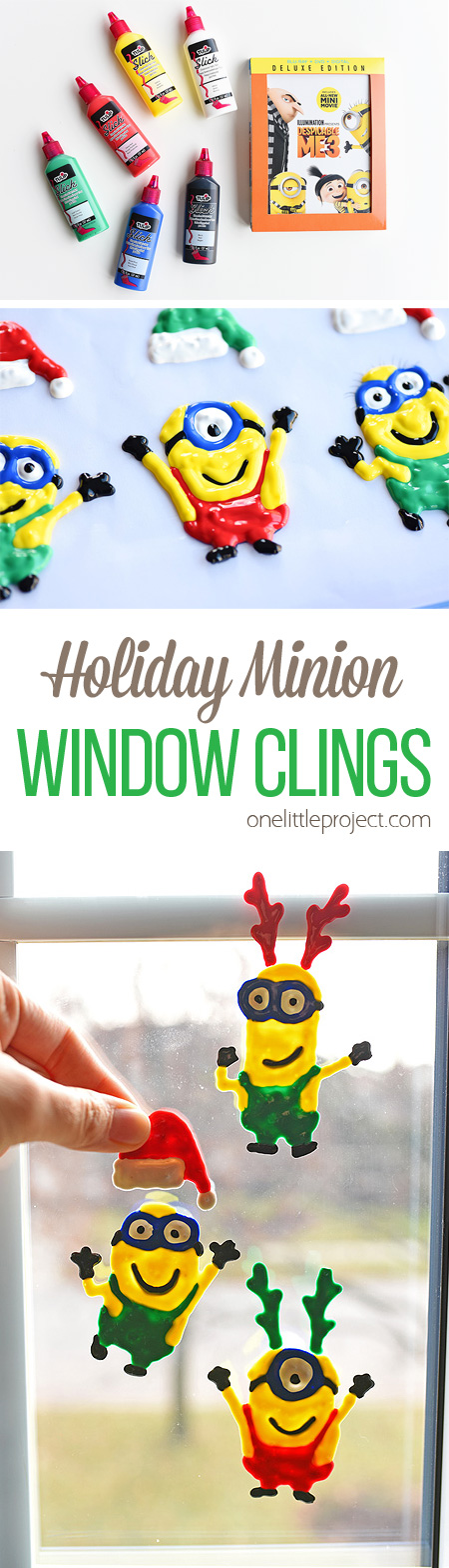 These Holiday Minion Window Clings were inspired by #DespicableMe3 now available on Blu-ray and DVD! They are so easy to make and they look so cute! What a fun way to add some holiday cheer to your windows!! #DM3Family #sponsored