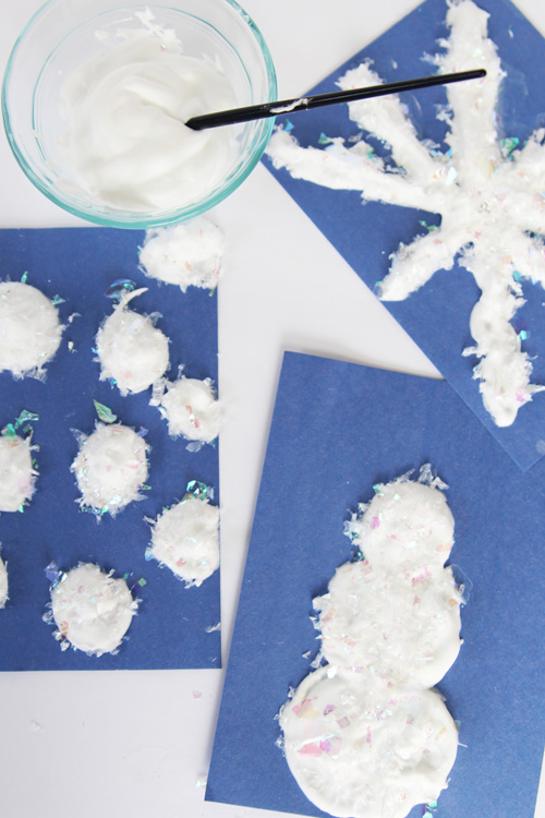 This DIY snow paint only requires 3 ingredients and has a soft and spongy texture when it's dry!
