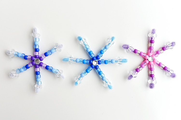 Three different beaded pipe cleaner snowflakes