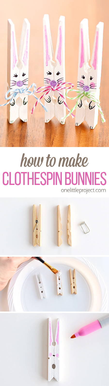 These clothespin bunnies are so adorable and they're really simple to make! They're a great little Easter decoration and a super cute Easter craft to make with the kids. This is a fun and easy spring craft idea!