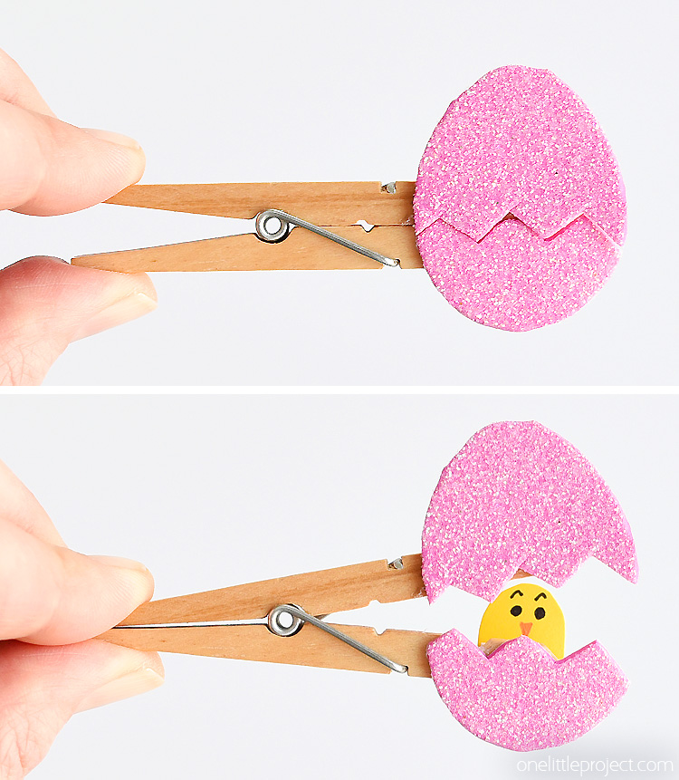 These peekaboo clothespin eggs are so easy to make and they look SO CUTE! Each one takes less than 5 minutes to make and they look adorable! They're an awesome low mess craft idea and are such an adorable Easter craft idea!! My kids loved seeing the surprise chick inside the egg!