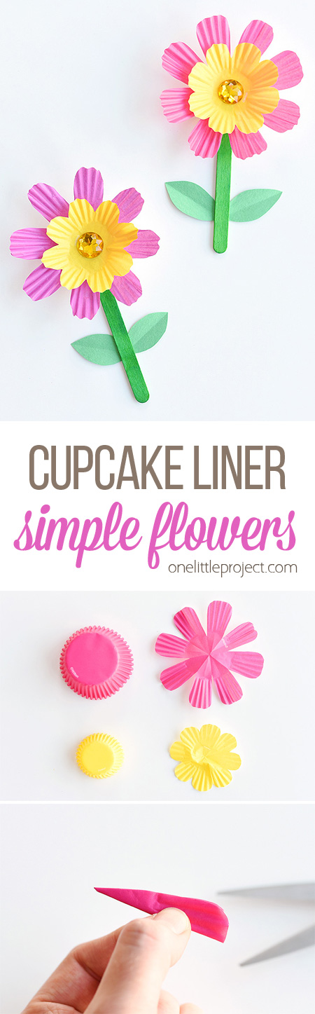 These simple cupcake liner flowers are so easy to make and they look SO PRETTY! They're such a great low mess kids craft idea! Wouldn't they be a perfect craft for Mother's Day? Or even Easter?