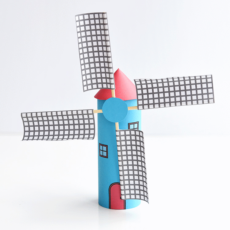 Make a paper roll windmill from a toilet paper roll! This is such a fun kids craft and the blades actually spin! Such a cool windmill craft and a great way to explore DIY projects and crafts with moving parts at school! The free printable template gives you everything you need to make the craft.