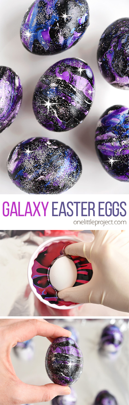 These galaxy Easter eggs made with nail polish and glitter are SO COOL and crazy fun to make! This is such a fun Easter craft to try and a totally different way to decorate your Easter eggs! Each one is completely unique and beautiful! Such a great galaxy craft and a stunning idea for Easter decorations!
