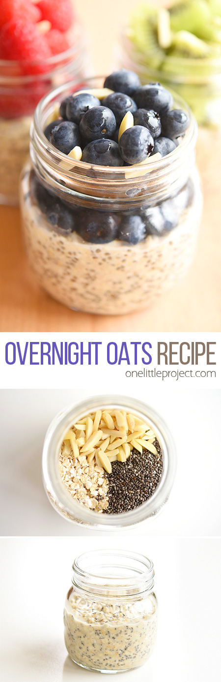 This overnight oats recipe is SO GOOD! It's packed with protein (chia seeds and almonds) so it keeps you full all morning. Make it in a mason jar with fresh or frozen fruit and store it in the fridge for up to 5 days. It's a delicious, healthy and nutritious breakfast idea and a great way to save time in the morning!