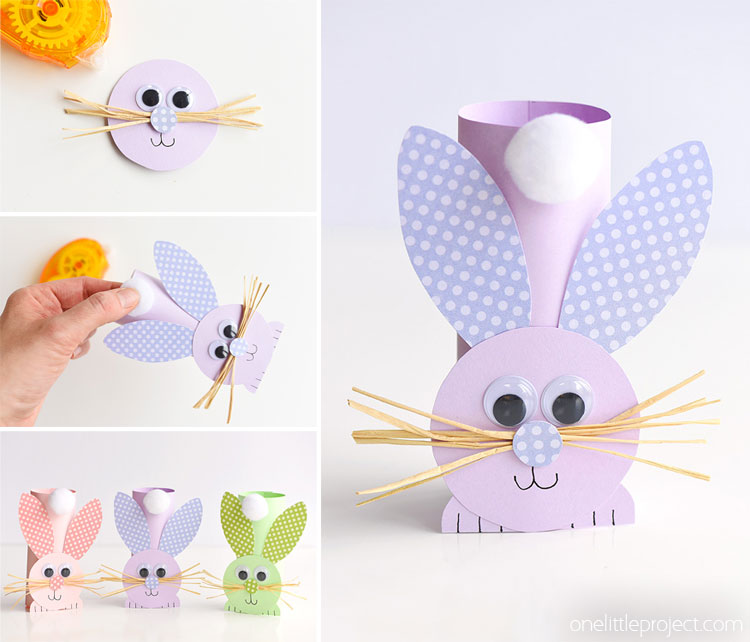 These paper roll bunnies are SO CUTE and really easy to make! You can make them from toilet paper rolls, or you can make your own rolls from colored paper. I love the adorable little cotton tail and the cute little whiskers! Such a fun Easter craft idea and a super cute spring craft to make with the kids!