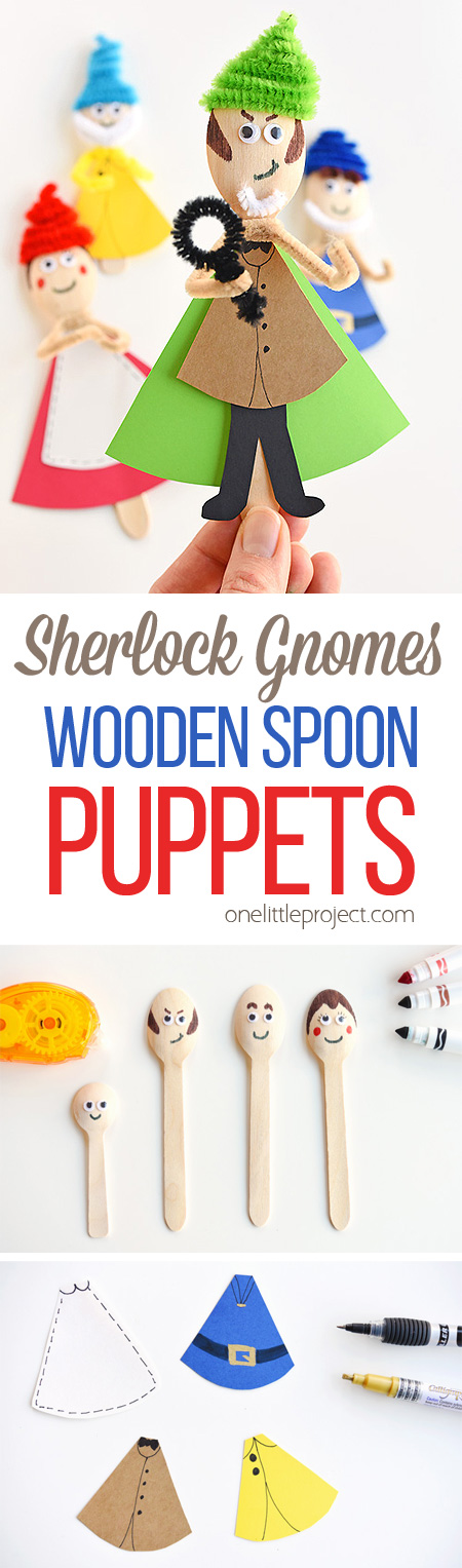 We made Sherlock Gnomes wooden spoon puppets inspired by the characters in the movie (in theaters March 23) and they are so much fun! These puppets are really simple to make and the kids LOVED playing with them! #sponsored #SherlockGnomes
