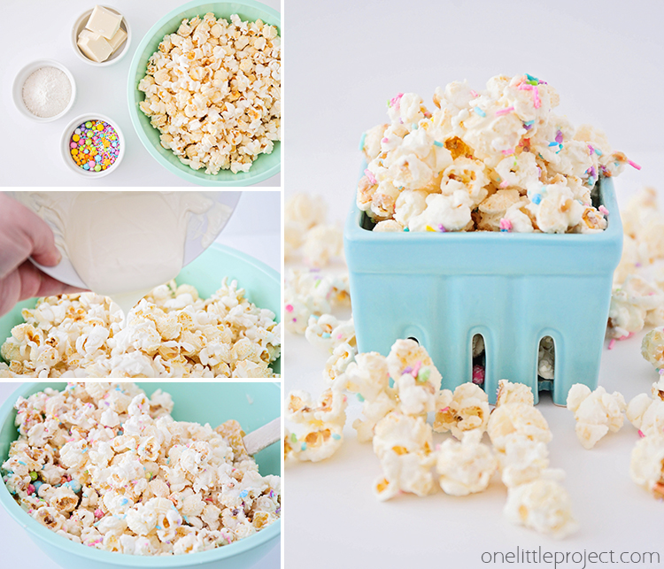 This delicious and fun birthday cake popcorn has only four ingredients, and has a sweet birthday cake flavor. It's the perfect treat for celebrating birthdays, or just for snacking!