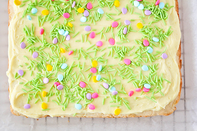 These spring sugar cookie bars are so much quicker and easier than roll-out sugar cookies, and just as delicious! They're the perfect dessert to celebrate spring!