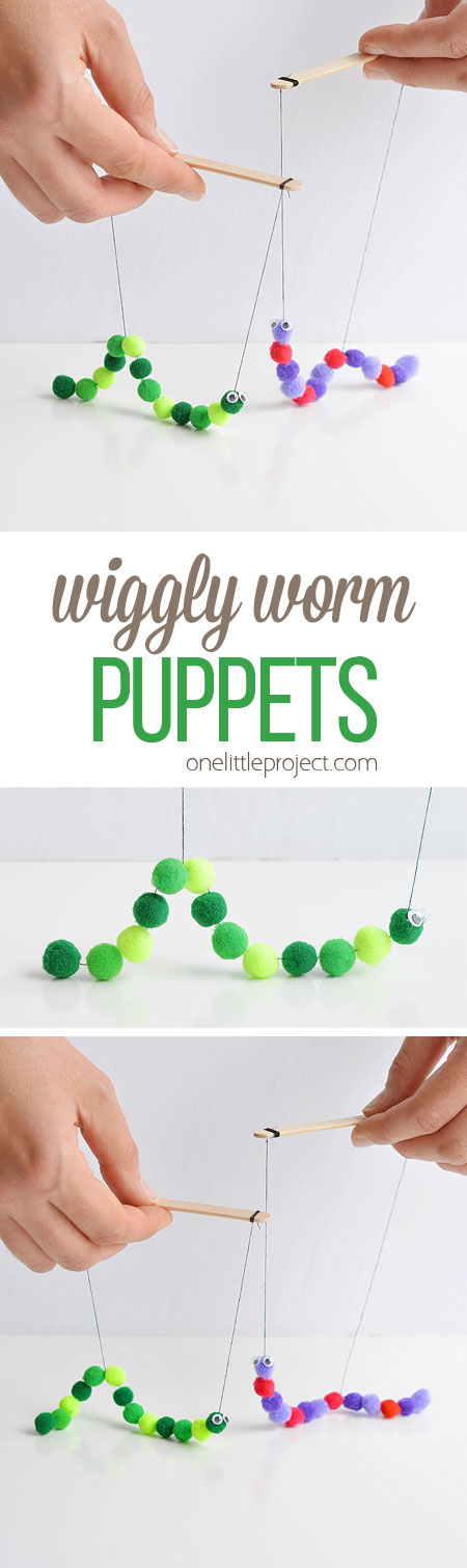 These pom pom wiggly worm puppets are such an adorable craft and they're really easy to make! You can make each one in less than 10 minutes and there's zero mess. It's such a fun and simple kids craft!