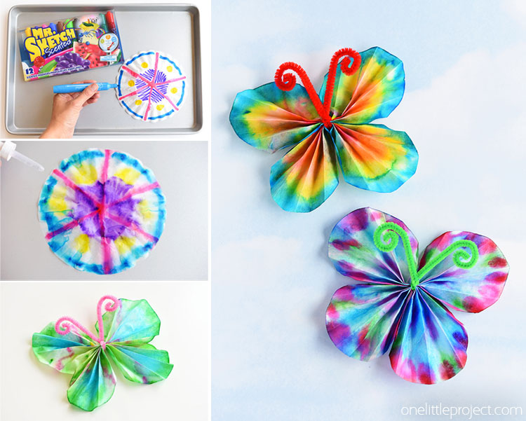 These classic coffee filter butterflies are SO EASY and so beautiful! This is such a great summer craft idea for kids and a fun low mess activity! It's easy. It's relatively low mess. It's even a bit of a science experiment when you wet the coffee filter and watch the colours blend!