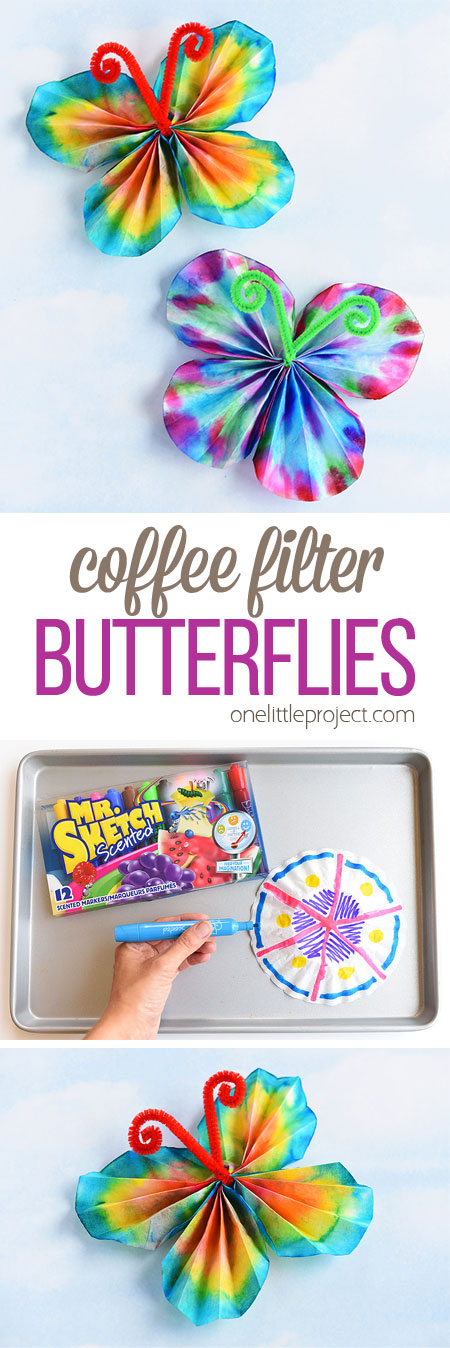 These classic coffee filter butterflies are SO EASY to make and look so beautiful! This is such a great summer craft idea for kids and a super fun activity for a rainy day! It's easy. It's relatively low mess. It's even a bit of a science experiment when you wet the coffee filter and watch the colours blend!