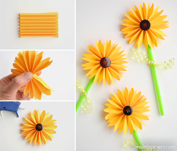 These folded paper sunflowers are SO PRETTY! And they're so easy to make! This is such a great craft project for summer or would even make a great fall craft! I love the button in the middle!