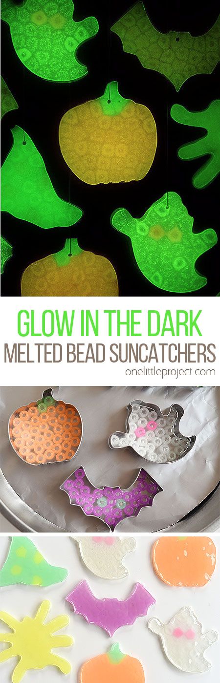 These glow in the dark melted bead suncatchers for Halloween are SO MUCH FUN! This is such a fun Halloween craft! They're simple to make and they look amazing hanging in the window, especially at night!