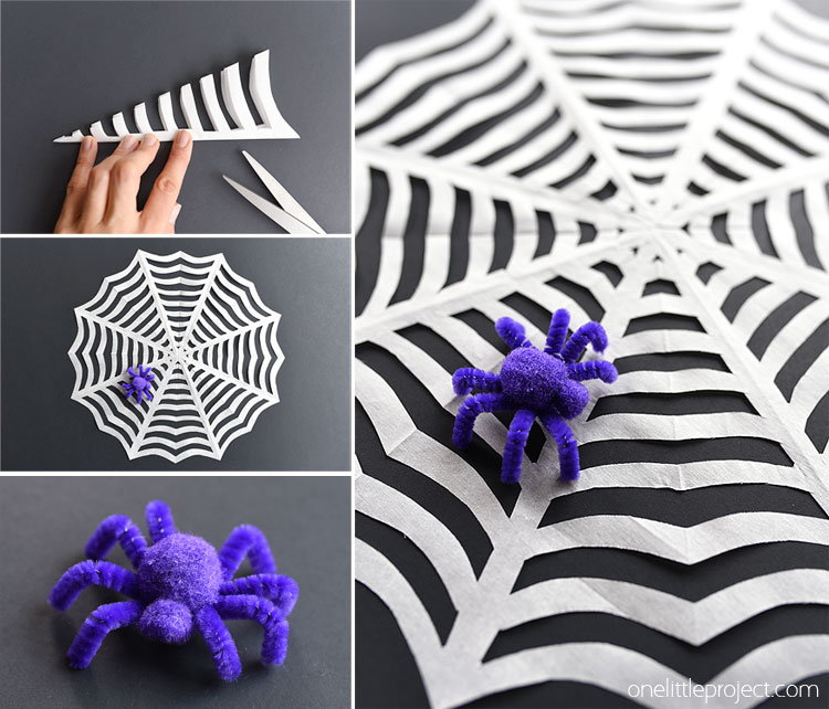 These paper spiderwebs are so easy to make and they look AWESOME! This is such a fun Halloween craft to make with the kids and a great Halloween decoration! I love the pipe cleaner spider!