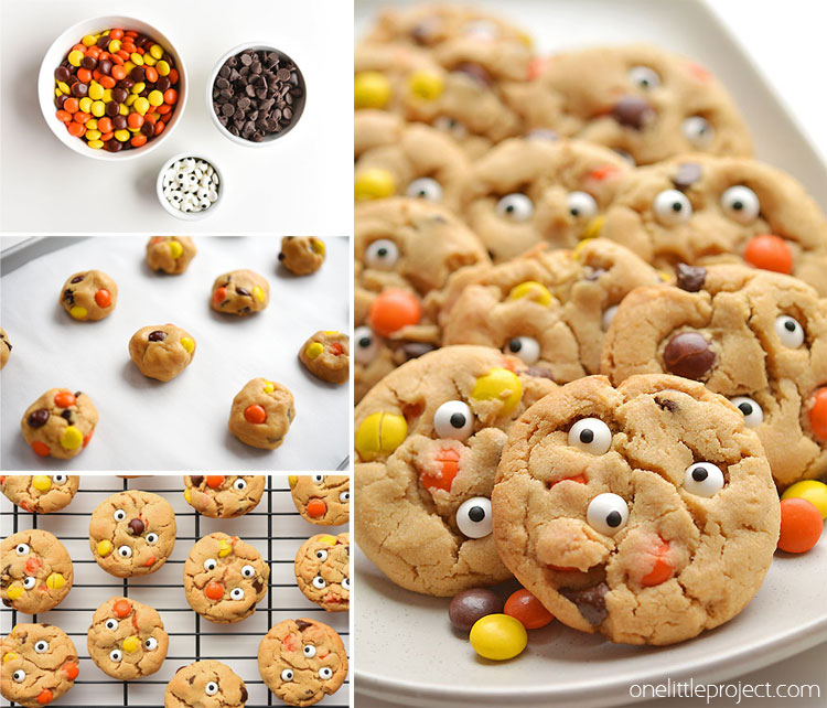These Reese's Pieces peanut butter eyeball cookies are so much fun! And they taste SO GOOD! The cookies are soft, chewy and delicious! These little monster cookies are such a fun treat to bake for Halloween!