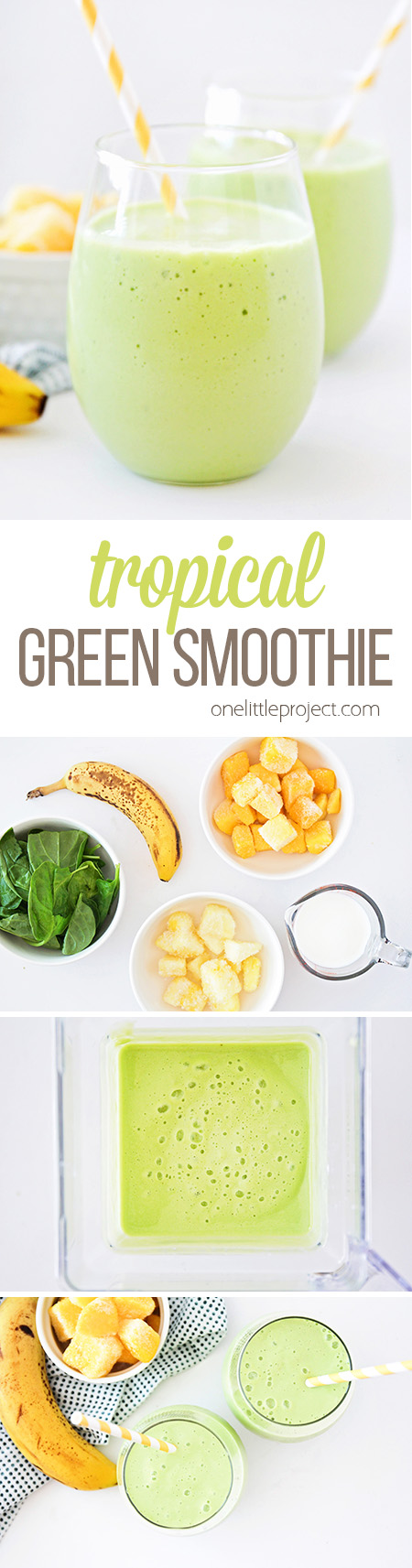 This tropical green smoothie has a delicious combination of flavors, and is so easy to make. It's the perfect healthy way to start the day!