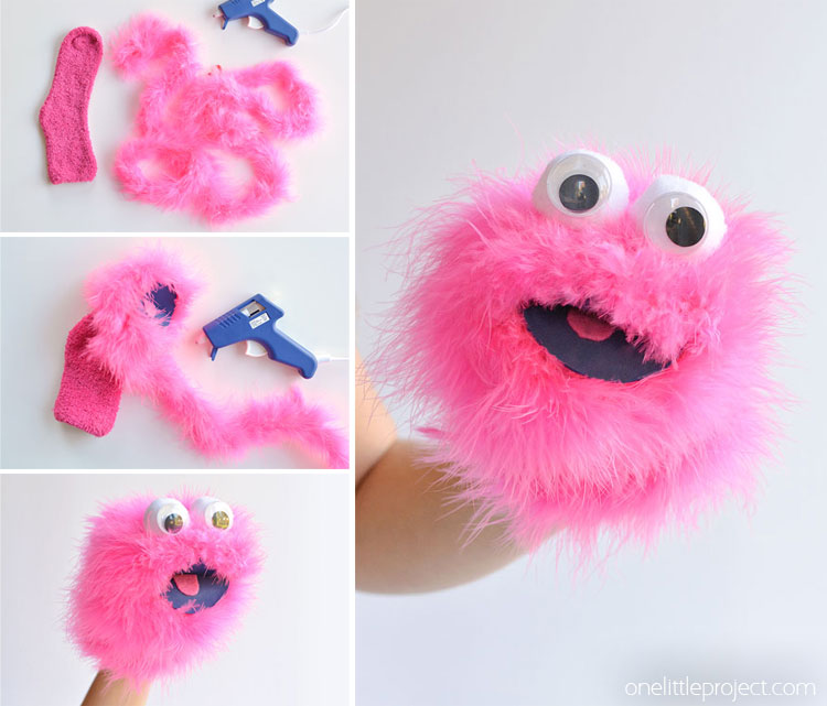 This easy feather boa sock puppet is SO CUTE! And it's so simple to make! Just wrap a feather boa around a fuzzy sock and you end up with the happiest looking sock puppet that's guaranteed to make everyone smile!