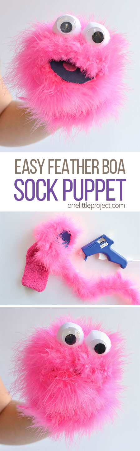 This easy, no-sew feather boa sock puppet is SO CUTE! And it's so simple to make! Just wrap a feather boa around a fuzzy sock and you end up with the happiest looking sock puppet that's guaranteed to make everyone smile!