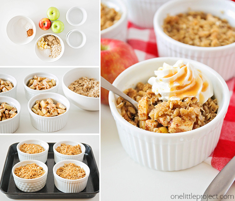 These mini apple crisps are the perfect individual-sized dessert! They take just a few minutes to put together, and bake into a deliciously sweet treat!