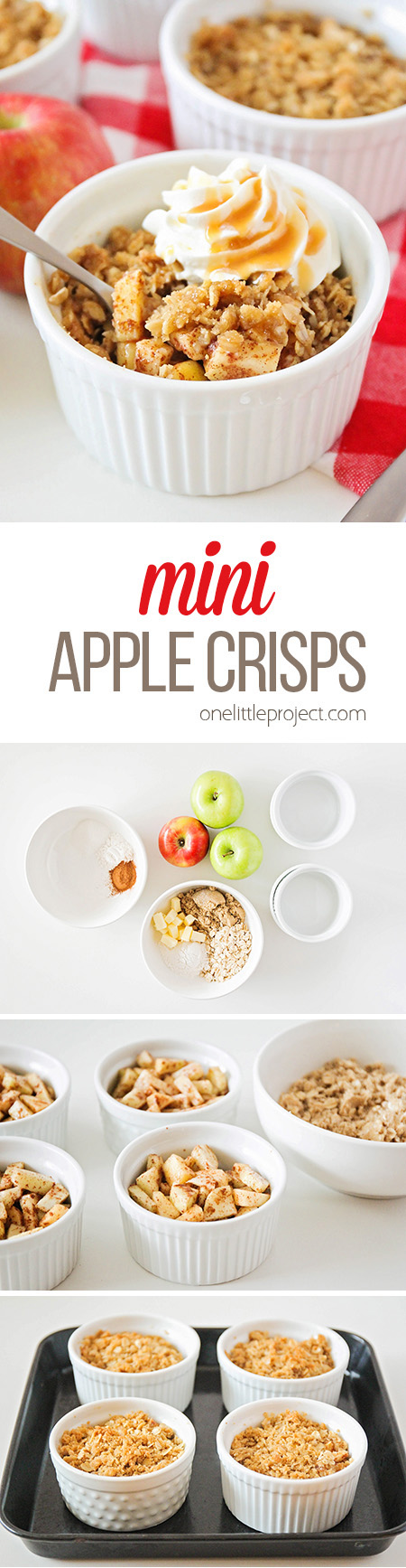 These mini apple crisps are the perfect individual-sized dessert! They take just a few minutes to put together, and bake into a deliciously sweet treat!