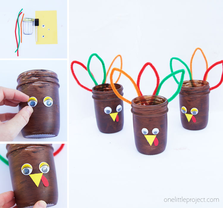 These turkey mason jars make the perfect party favor for Thanksgiving and are easy enough for kids to help make!